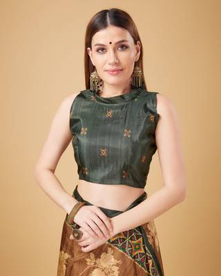 Brown Geometric And Floral Printed Silk Self Design With Golden Border Saree For Women With Blouse Piece 5