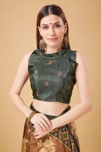 Brown Geometric And Floral Printed Silk Self Design With Golden Border Saree For Women With Blouse Piece