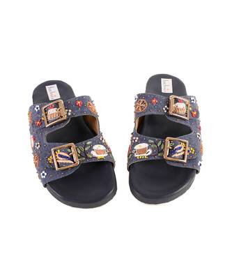 Hand embroidered navy blue sliders 4