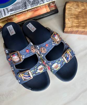 Hand embroidered navy blue sliders 5