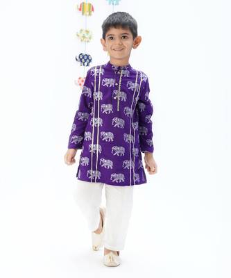 boys purple kurta pajama set with elephant print 1