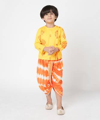 Khoochi poochi  boys yellow embroidered kurta with dhoti 1