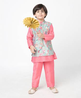 Golden weaves pink kurta jacket set 1