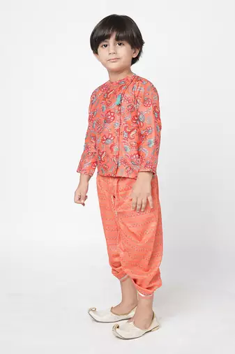 Golden weaves boys orange kurta with dhoti