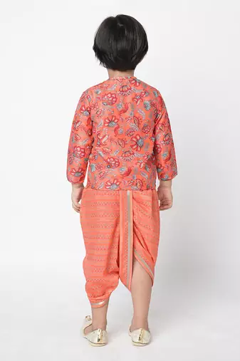 Golden weaves boys orange kurta with dhoti