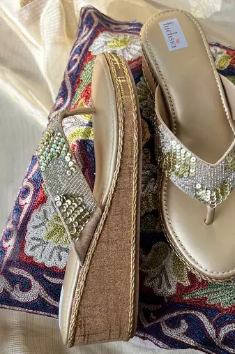 Sequin embellished jute heels