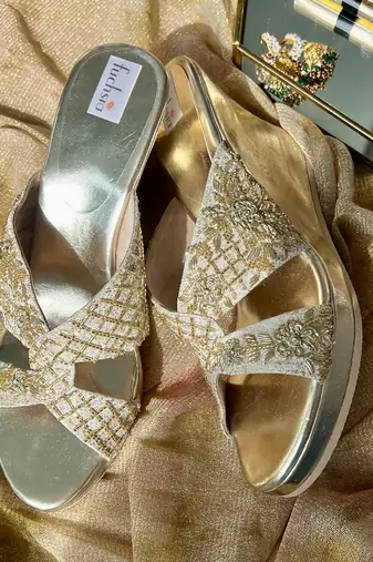 Sequin embellished gold wedges
