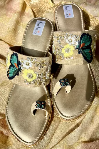 Hand embroidered gold heels