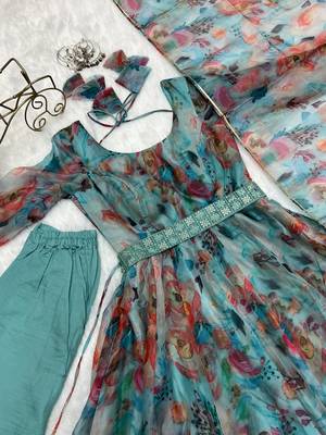 Tabby Organza Silk Fabric Fully Flair Kali Pattern And Canvas Patta Anarkali Kurti With Waist Belt, Duppta And Pent Set 7