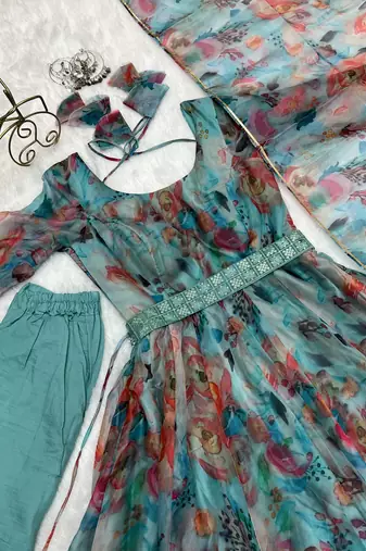 Tabby Organza Silk Fabric Fully Flair Kali Pattern And Canvas Patta Anarkali Kurti With Waist Belt, Duppta And Pent Set
