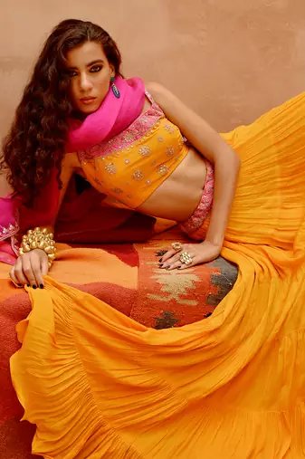 Turmeric Yellow Tier Lehenga Set.