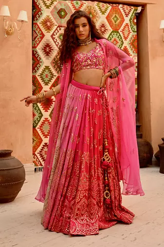 Hot Pink Ombre Lehenga Cape Set