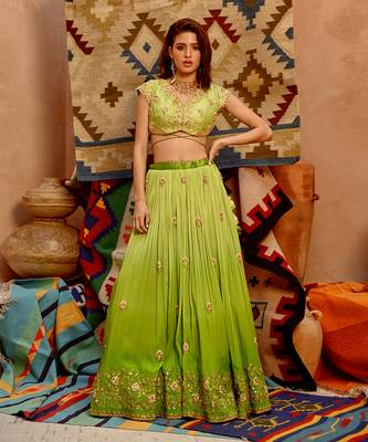 Lime Green Ombre Ruched Lehenga Set 1