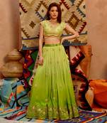 Lime Green Ombre Ruched Lehenga Set