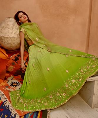 Lime Green Ombre Ruched Lehenga Set 2
