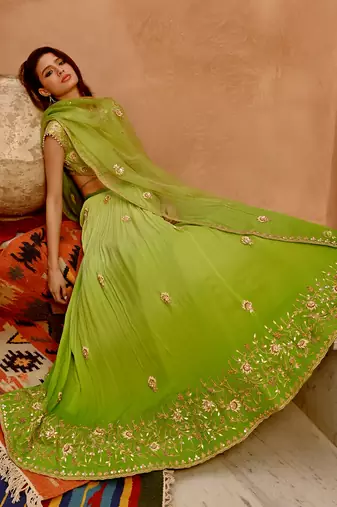 Lime Green Ombre Ruched Lehenga Set