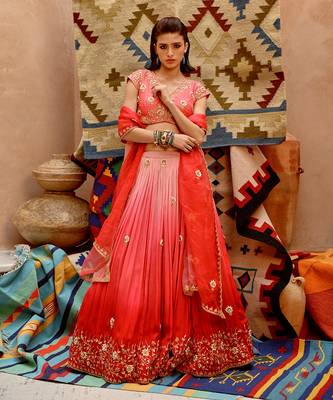 Red And Coral Ombre Ruched Lehenga Set 1