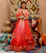 Red And Coral Ombre Ruched Lehenga Set