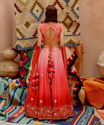 Red And Coral Ombre Ruched Lehenga Set 2