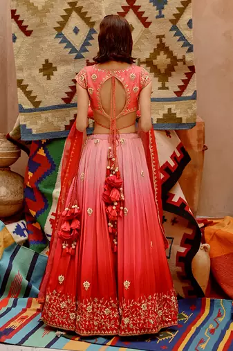 Red And Coral Ombre Ruched Lehenga Set