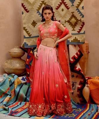Red And Coral Ombre Ruched Lehenga Set 3