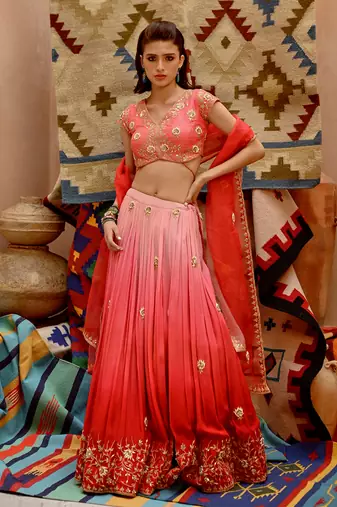 Red And Coral Ombre Ruched Lehenga Set