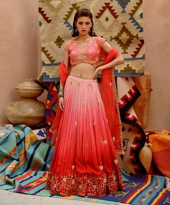 Red And Coral Ombre Ruched Lehenga Set 4