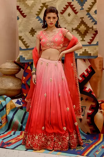 Red And Coral Ombre Ruched Lehenga Set