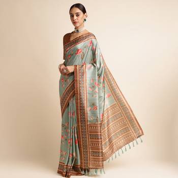 Doi Moi Green Silk Blend Digital Print Saree For Women Sambhalpurisilk Green P663   2