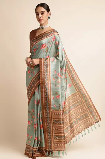 Doi Moi Green Silk Blend Digital Print Saree For Women Sambhalpurisilk Green P663  