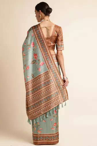 Doi Moi Green Silk Blend Digital Print Saree For Women Sambhalpurisilk Green P663  
