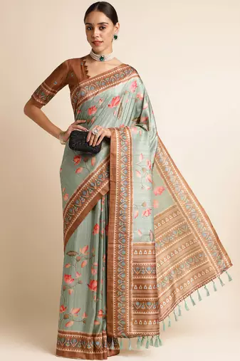 Doi Moi Green Silk Blend Digital Print Saree For Women Sambhalpurisilk Green P663  