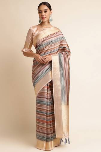 Doi Moi Brown Silk Blend Printed Saree For Women Upadasilk Brown R2642/P773  
