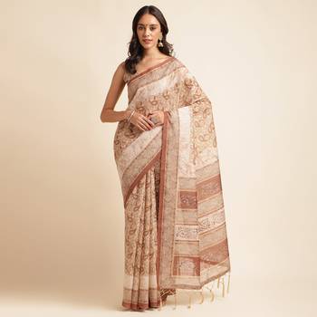 Doi Moi Brown Silk Blend Digital Print Saree For Women Linensilk Brown P565   1
