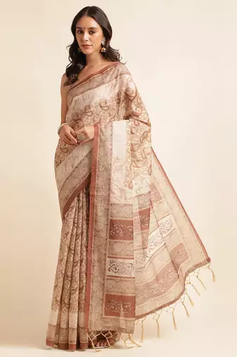 Doi Moi Brown Silk Blend Digital Print Saree For Women Linensilk Brown P565  