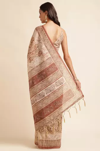 Doi Moi Brown Silk Blend Digital Print Saree For Women Linensilk Brown P565  