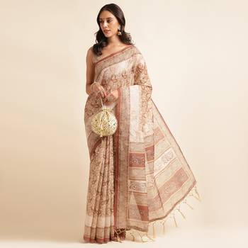 Doi Moi Brown Silk Blend Digital Print Saree For Women Linensilk Brown P565   4
