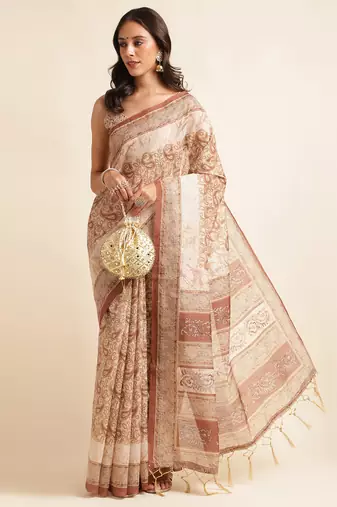 Doi Moi Brown Silk Blend Digital Print Saree For Women Linensilk Brown P565  
