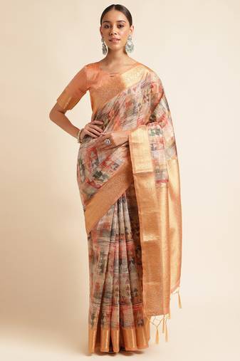 Doi Moi Orange Tussar Silk Digital Print Saree For Women (Tussarsilk Orange R2611/P728)