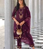  women kurta and trouser duppata set silk blend