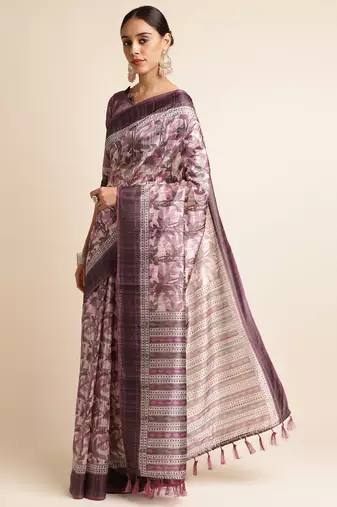 Doi Moi Purple Silk Blend Printed Saree For Women Bonga Purple 11943/P775  