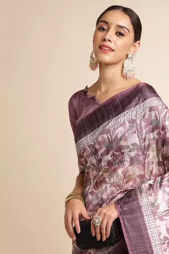 Doi Moi Purple Silk Blend Printed Saree For Women Bonga Purple 11943/P775  