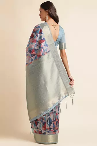 Doi Moi Orange Organza Digital Print Saree For Women (Zilmil Peach D298/P740)