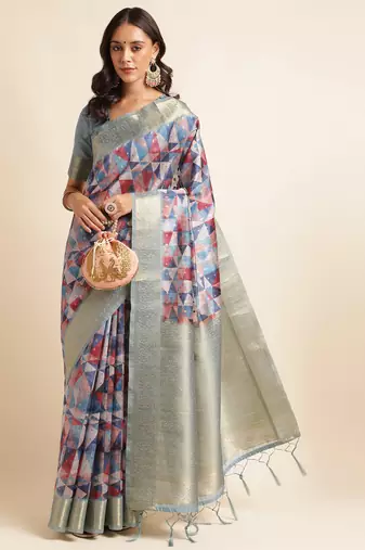 Doi Moi Orange Organza Digital Print Saree For Women (Zilmil Peach D298/P740)