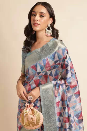 Doi Moi Orange Organza Digital Print Saree For Women (Zilmil Peach D298/P740)