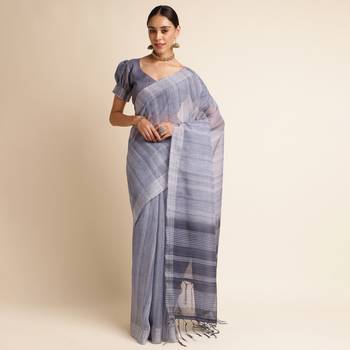 Doi Moi Grey Linen Digital Print Saree For Women (Purelinen Grey P77) 1