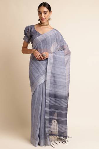 Doi Moi Grey Linen Digital Print Saree For Women (Purelinen Grey P77)