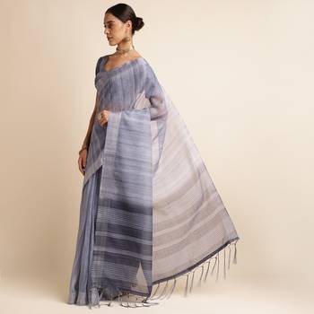 Doi Moi Grey Linen Digital Print Saree For Women (Purelinen Grey P77) 2