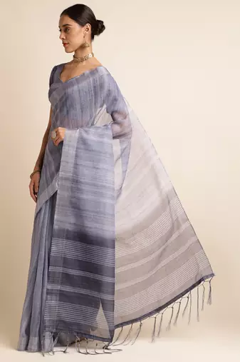 Doi Moi Grey Linen Digital Print Saree For Women (Purelinen Grey P77)
