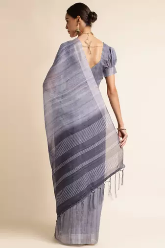 Doi Moi Grey Linen Digital Print Saree For Women (Purelinen Grey P77)